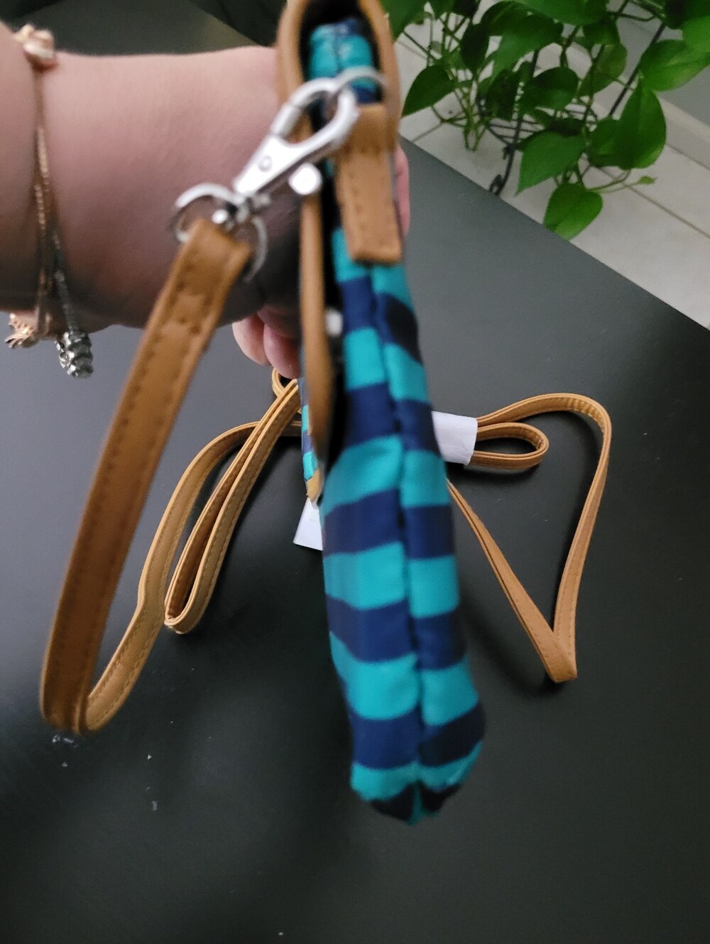Nautica Teal & Navy Striped Crossbody with Tan Trim - Picture 4 of 6